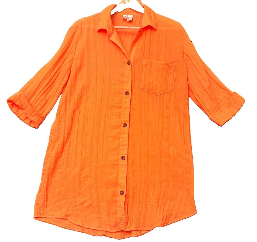 a.n.a A New Approach Brand Orange Crinkle Cotton Gauze Button Down Shirt Size L